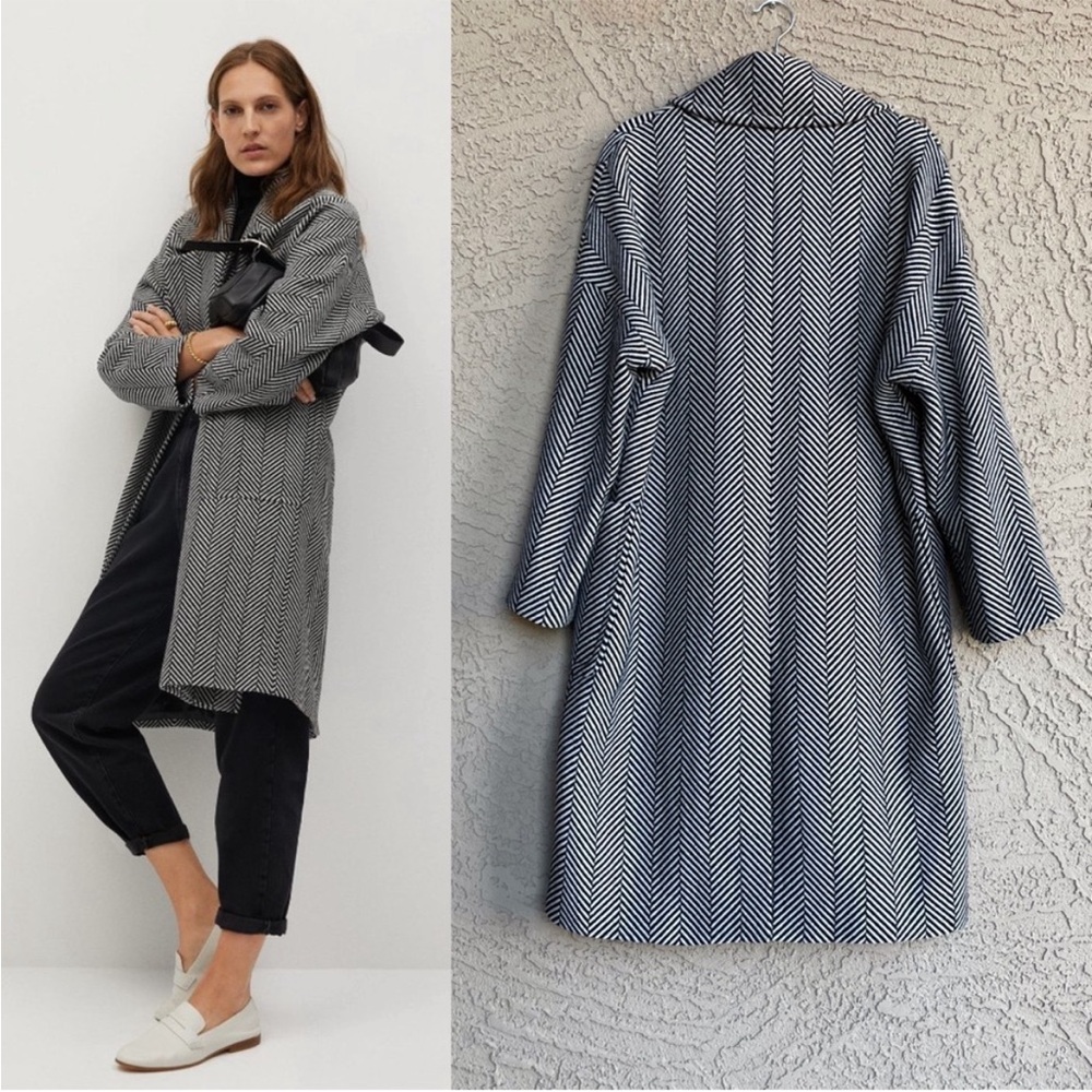 MANGO Black & White Herringbone Cross Oversized Double Breasted Wool Blend Coat - Picture 6 of 13